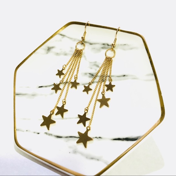 FALLING STARS GOLD MULTI DANGLE CHAIN EARRINGS 3” - Picture 3 of 5